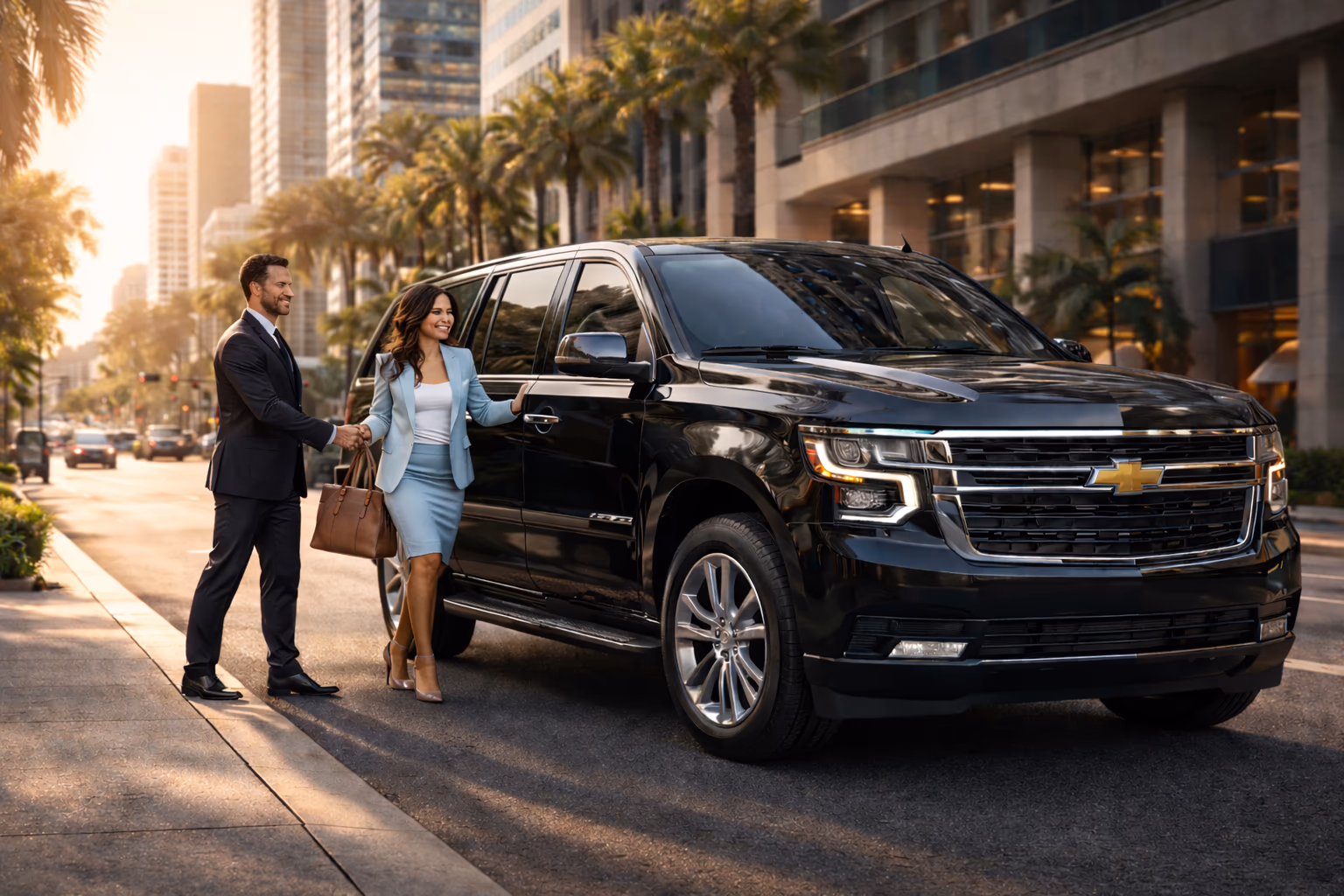 VIP City Rides — chauffeur greeting a guest beside a black Chevrolet Suburban in Los Angeles