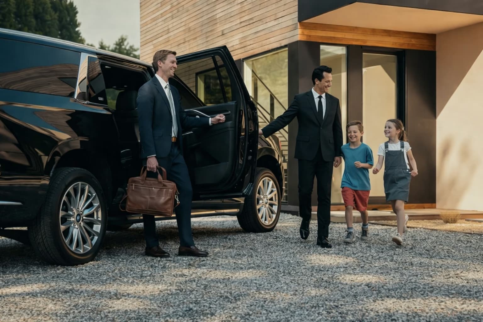 Family boarding a black luxury SUV with a VIP City Rides chauffeur in Los Angeles